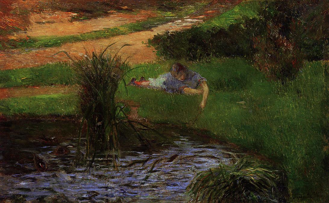 Pond with Ducks. Girl Amusing Herself 1881